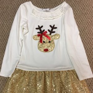 Girls Christmas Reindeer Gold Sequin Skirt Dress